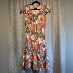 Boden Floral Midi Dress in Pink, Orange, and Blue